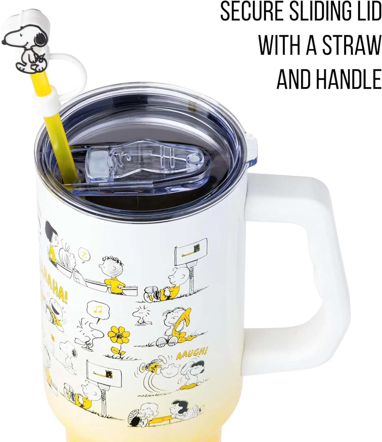 Silver Buffalo Peanuts Featuring Charlie Brown, Snoopy, Woodstock, Lucy, Sally, Linus, and More Stainless Steel Tumbler with Handle and Straw, Fits in Standard Cup Holder, 40 Ounces