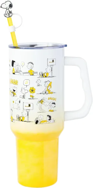 Silver Buffalo Peanuts Featuring Charlie Brown, Snoopy, Woodstock, Lucy, Sally, Linus, and More Stainless Steel Tumbler with Handle and Straw, Fits in Standard Cup Holder, 40 Ounces