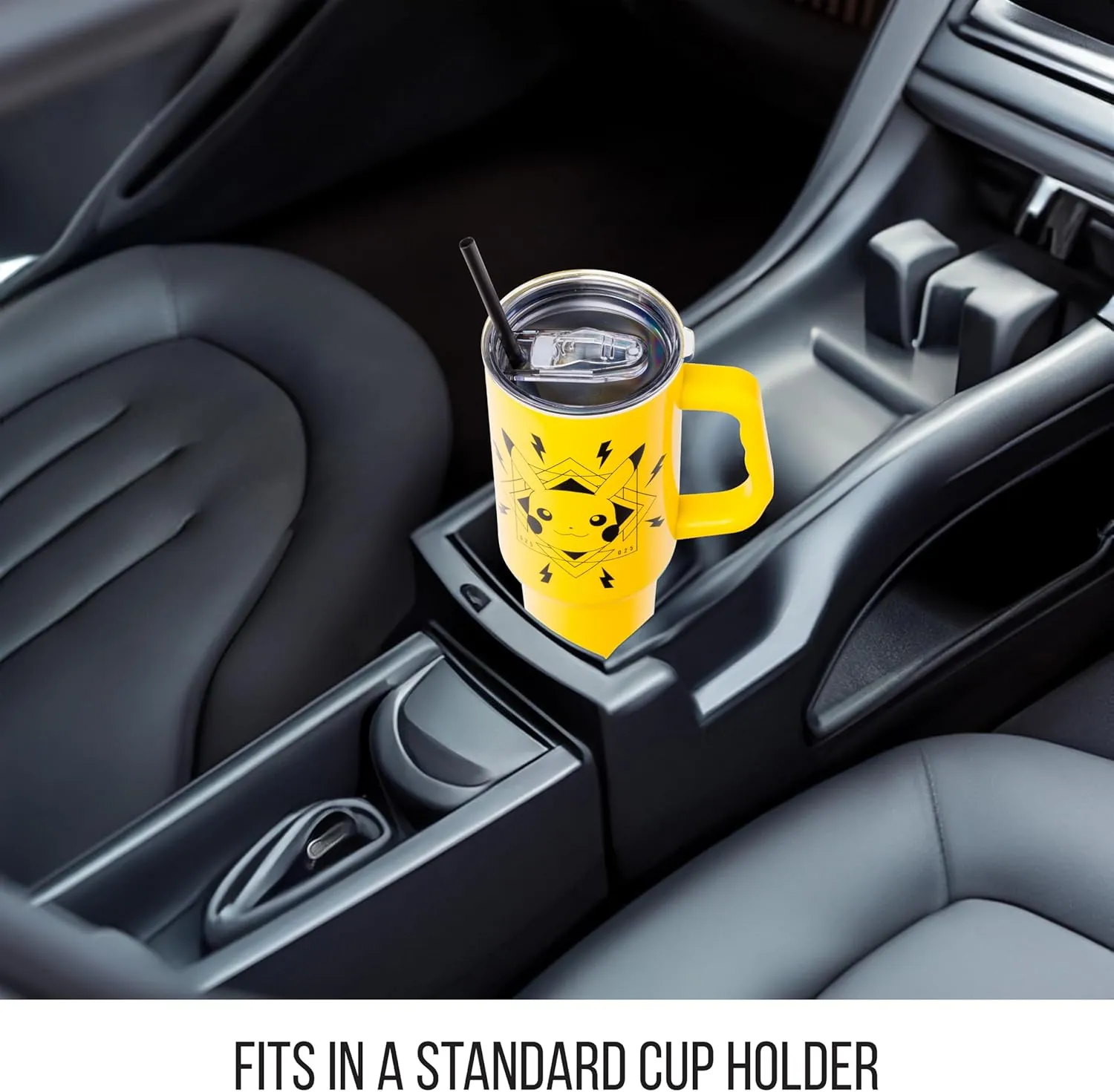 Silver Buffalo Pokemon Pikachu Badge Lightning Bolts Stainless Steel Tumbler with Handle and Straw, Fits in Standard Cup Holder, 40 Ounces
