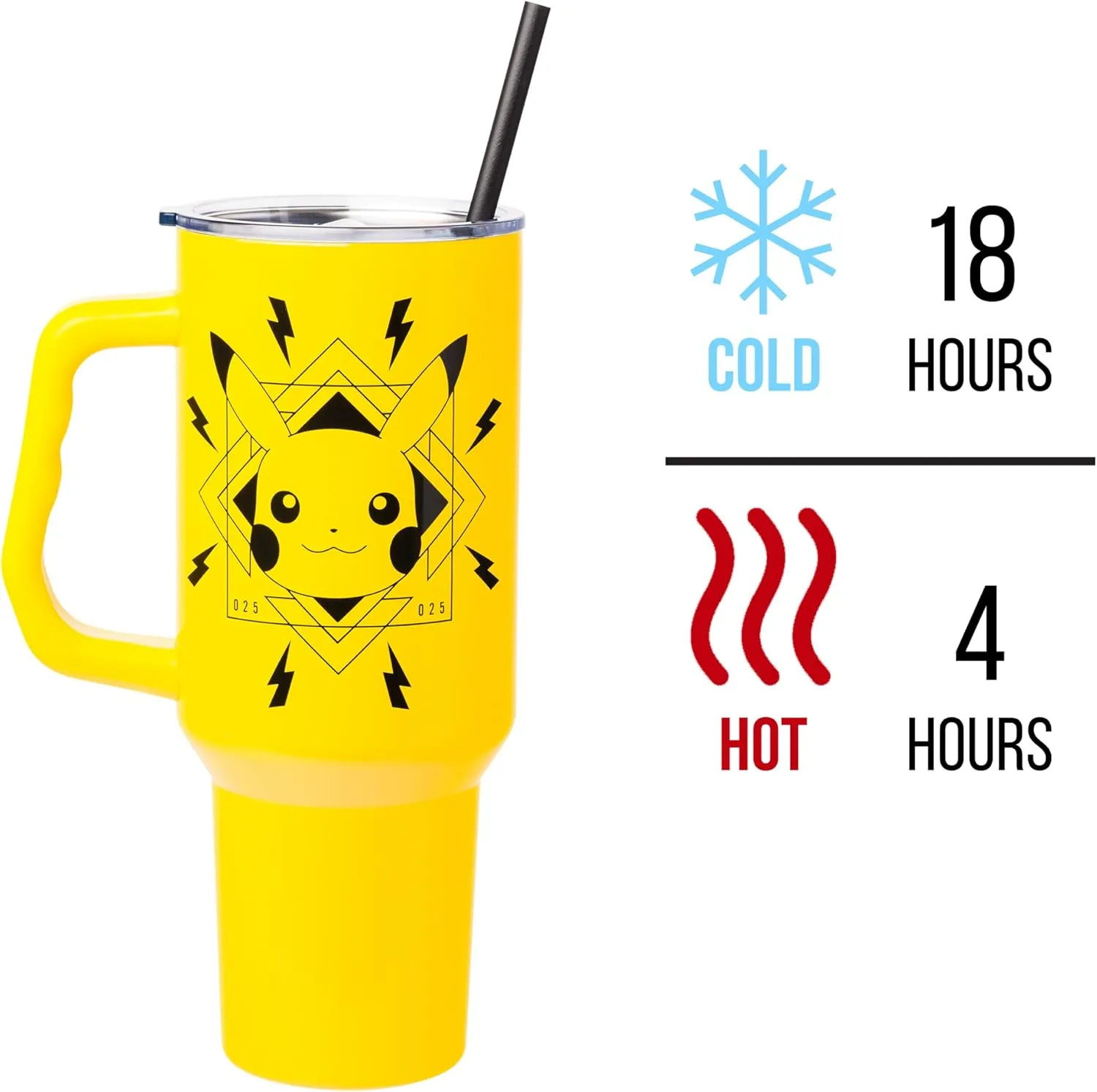 Silver Buffalo Pokemon Pikachu Badge Lightning Bolts Stainless Steel Tumbler with Handle and Straw, Fits in Standard Cup Holder, 40 Ounces