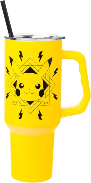 Silver Buffalo Pokemon Pikachu Badge Lightning Bolts Stainless Steel Tumbler with Handle and Straw, Fits in Standard Cup Holder, 40 Ounces
