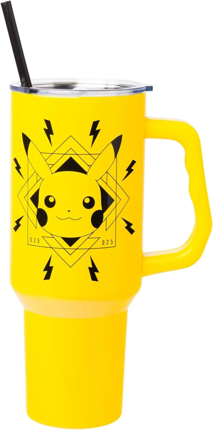 Silver Buffalo Pokemon Pikachu Badge Lightning Bolts Stainless Steel Tumbler with Handle and Straw, Fits in Standard Cup Holder, 40 Ounces