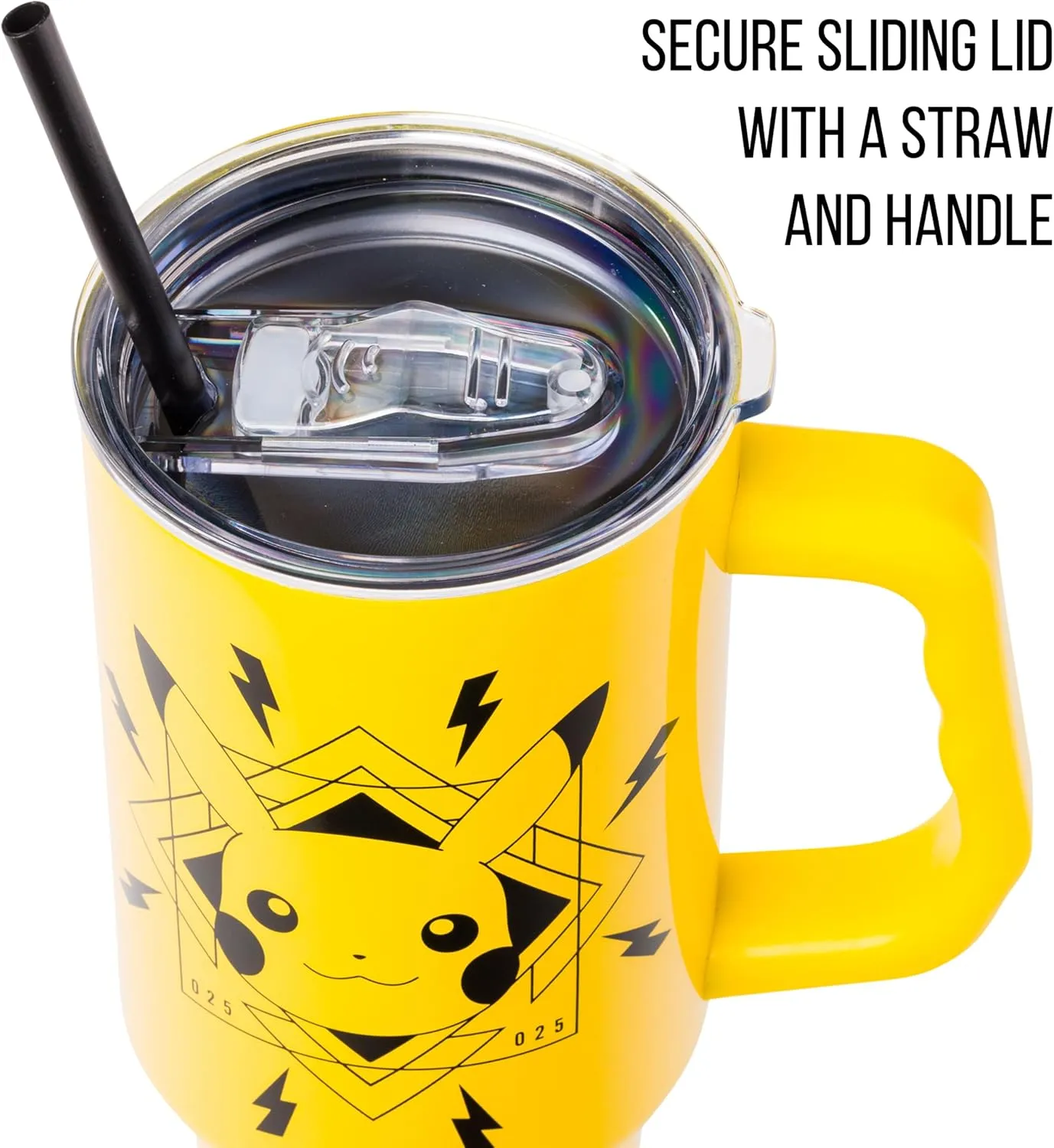 Silver Buffalo Pokemon Pikachu Badge Lightning Bolts Stainless Steel Tumbler with Handle and Straw, Fits in Standard Cup Holder, 40 Ounces