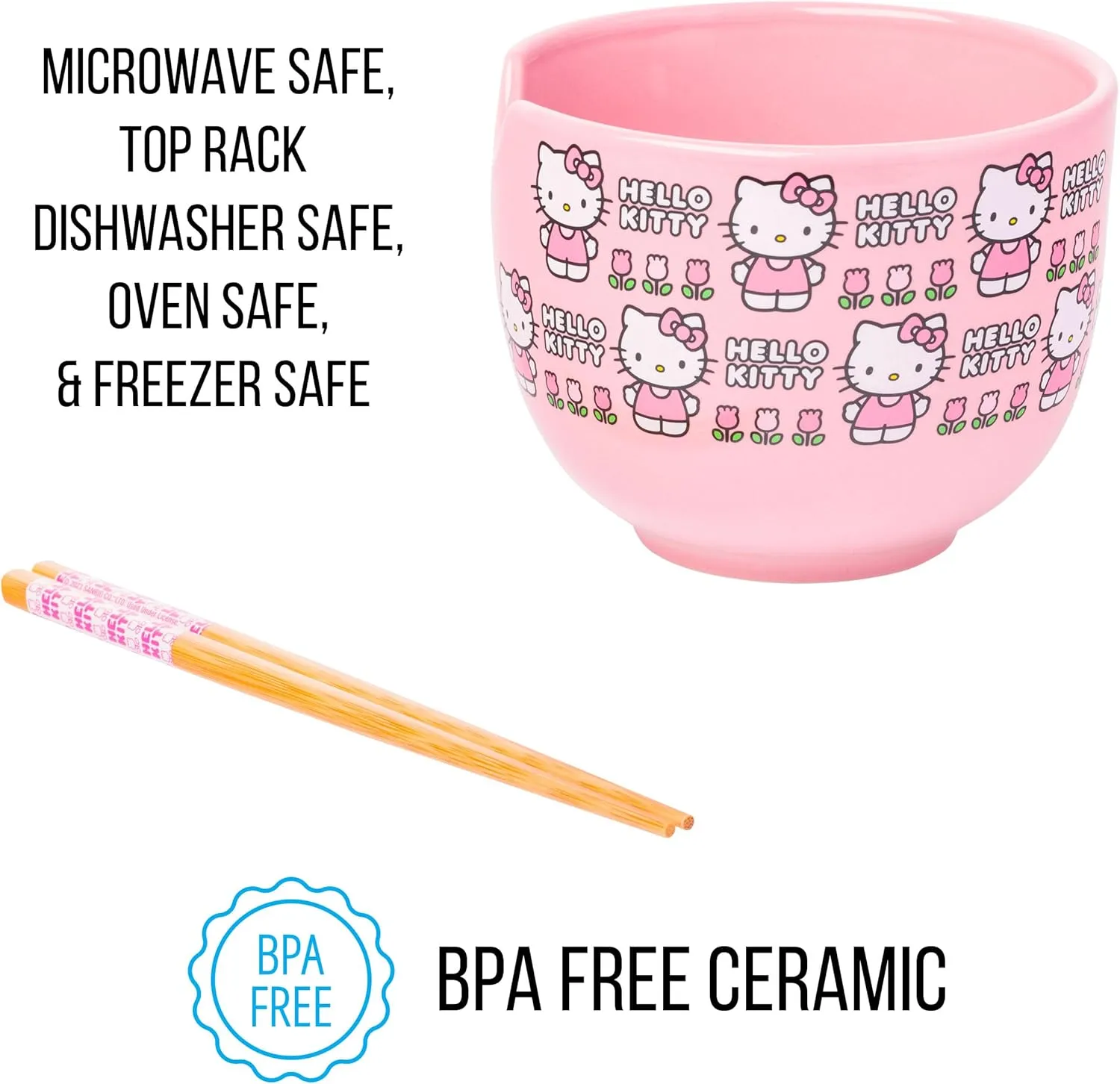 Silver Buffalo Sanrio Hello Kitty Flowers Pattern Ceramic Ramen Noodle Rice Bowl with Chopsticks, Microwave Safe, 20 Ounces
