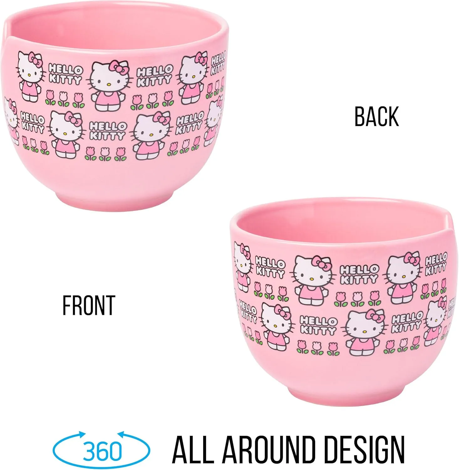 Silver Buffalo Sanrio Hello Kitty Flowers Pattern Ceramic Ramen Noodle Rice Bowl with Chopsticks, Microwave Safe, 20 Ounces
