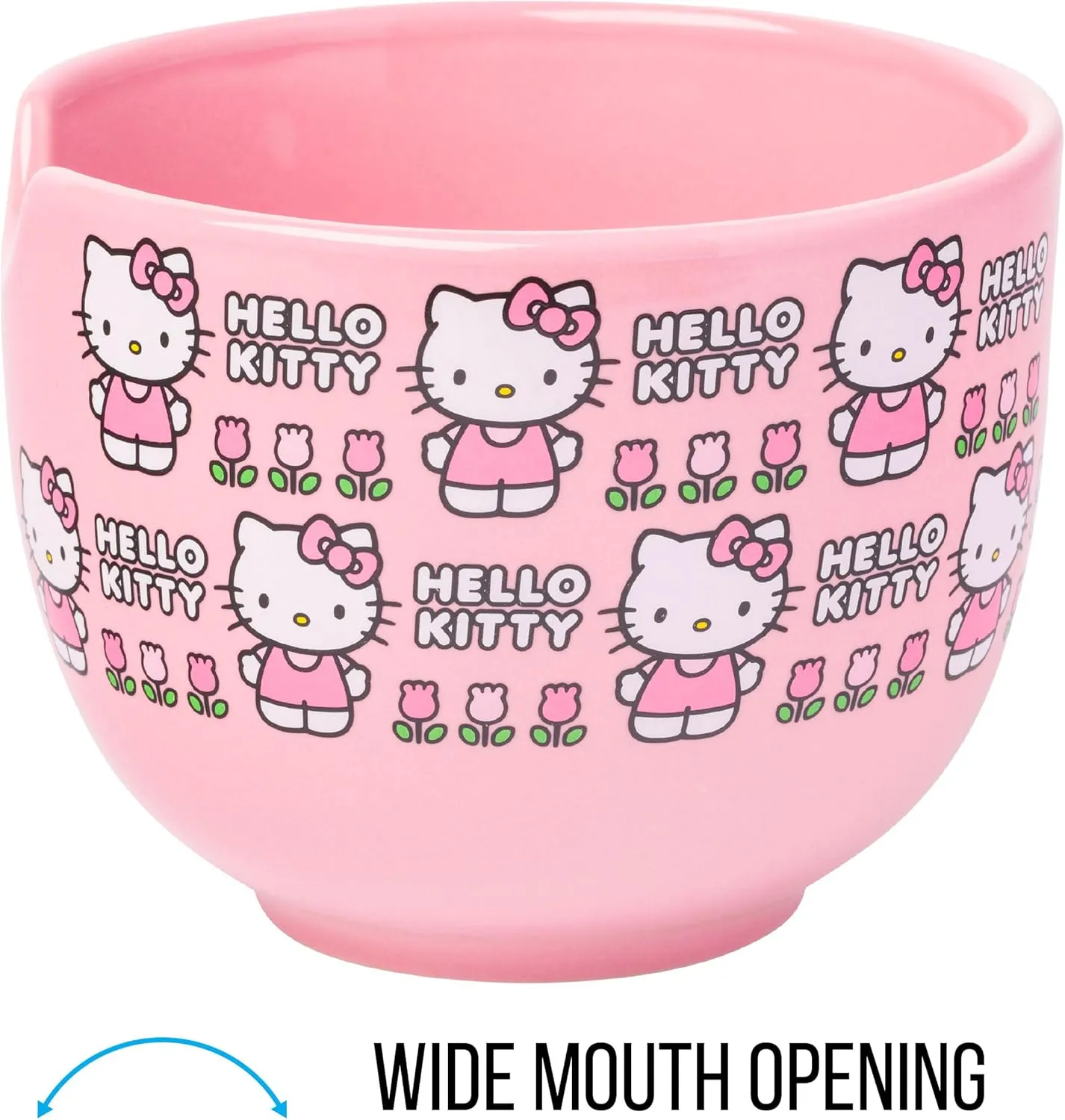 Silver Buffalo Sanrio Hello Kitty Flowers Pattern Ceramic Ramen Noodle Rice Bowl with Chopsticks, Microwave Safe, 20 Ounces