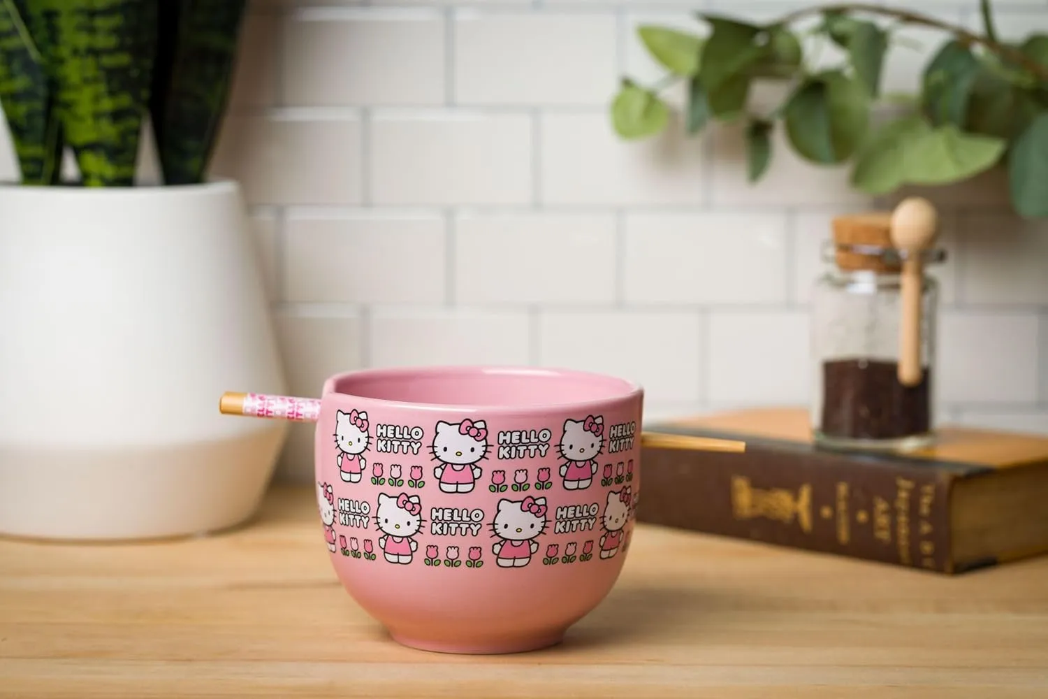 Silver Buffalo Sanrio Hello Kitty Flowers Pattern Ceramic Ramen Noodle Rice Bowl with Chopsticks, Microwave Safe, 20 Ounces