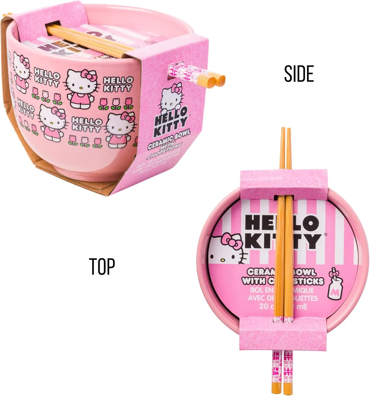 Silver Buffalo Sanrio Hello Kitty Flowers Pattern Ceramic Ramen Noodle Rice Bowl with Chopsticks, Microwave Safe, 20 Ounces