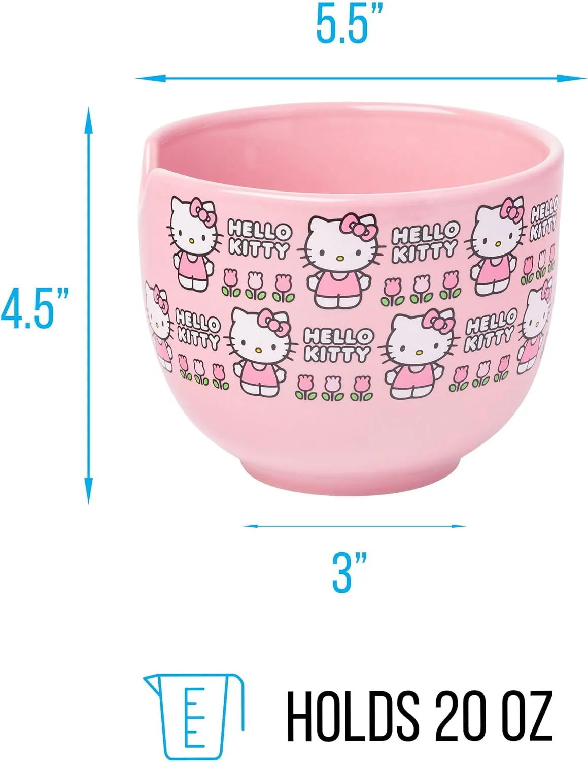 Silver Buffalo Sanrio Hello Kitty Flowers Pattern Ceramic Ramen Noodle Rice Bowl with Chopsticks, Microwave Safe, 20 Ounces