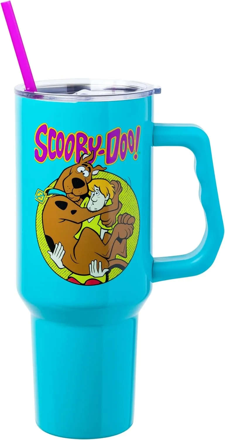 Silver Buffalo Scooby-Doo Featuring Scared Shaggy and Scooby Stainless Steel Tumbler with Handle and Straw, Fits in Standard Cup Holder, 40 Ounces