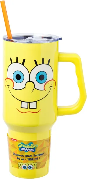 Silver Buffalo Spongebob Squarepants Smiling Face Stainless Steel Tumbler with Handle and Straw, Fits in Standard Cup Holder, 40 Ounces