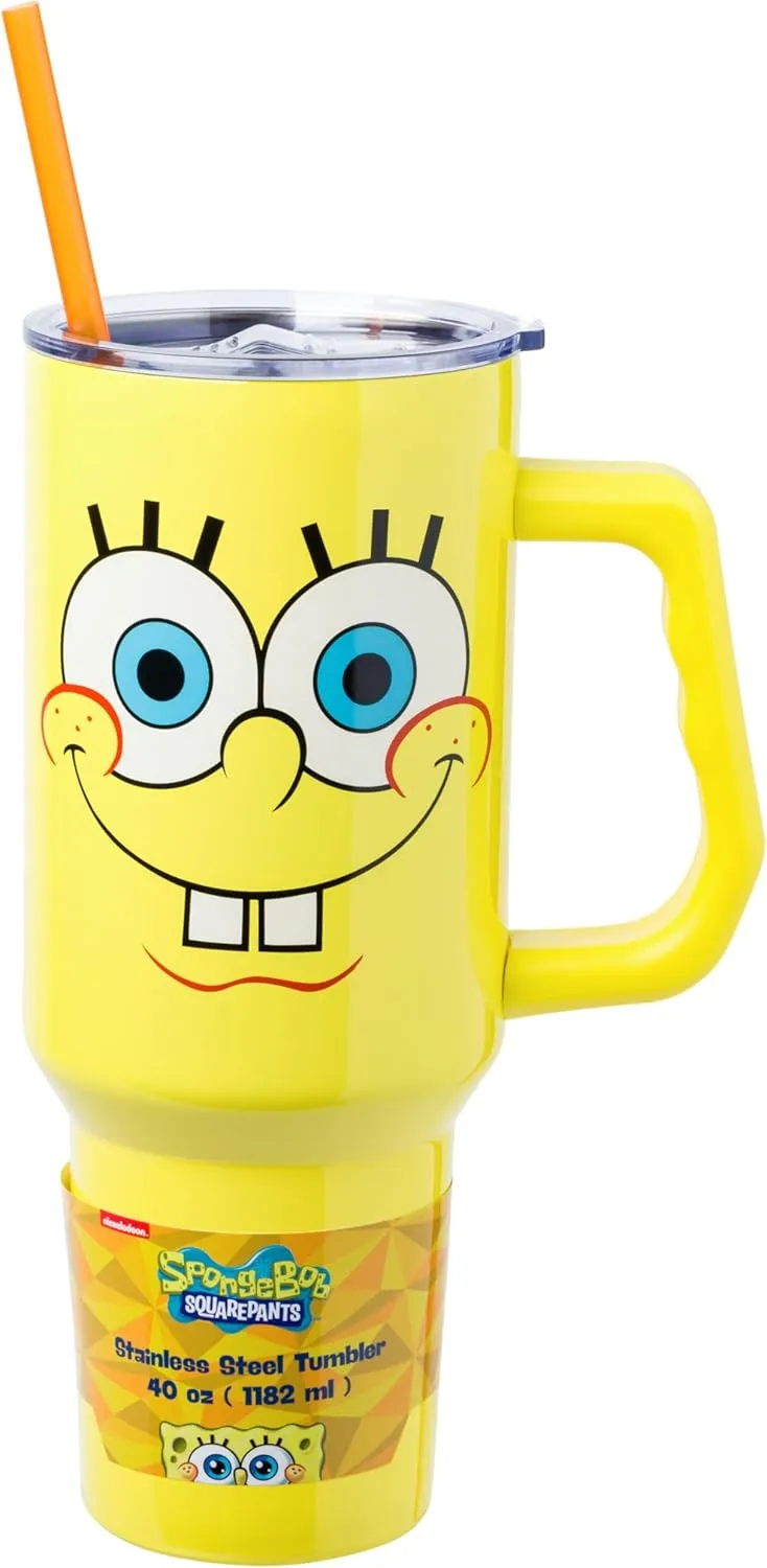 Silver Buffalo Spongebob Squarepants Smiling Face Stainless Steel Tumbler with Handle and Straw, Fits in Standard Cup Holder, 40 Ounces