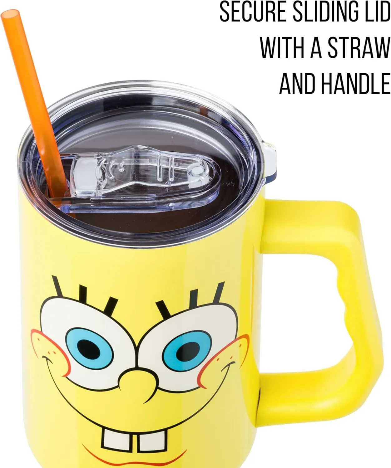 Silver Buffalo Spongebob Squarepants Smiling Face Stainless Steel Tumbler with Handle and Straw, Fits in Standard Cup Holder, 40 Ounces