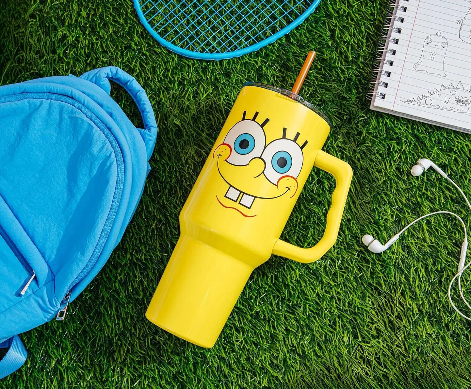 Silver Buffalo Spongebob Squarepants Smiling Face Stainless Steel Tumbler with Handle and Straw, Fits in Standard Cup Holder, 40 Ounces