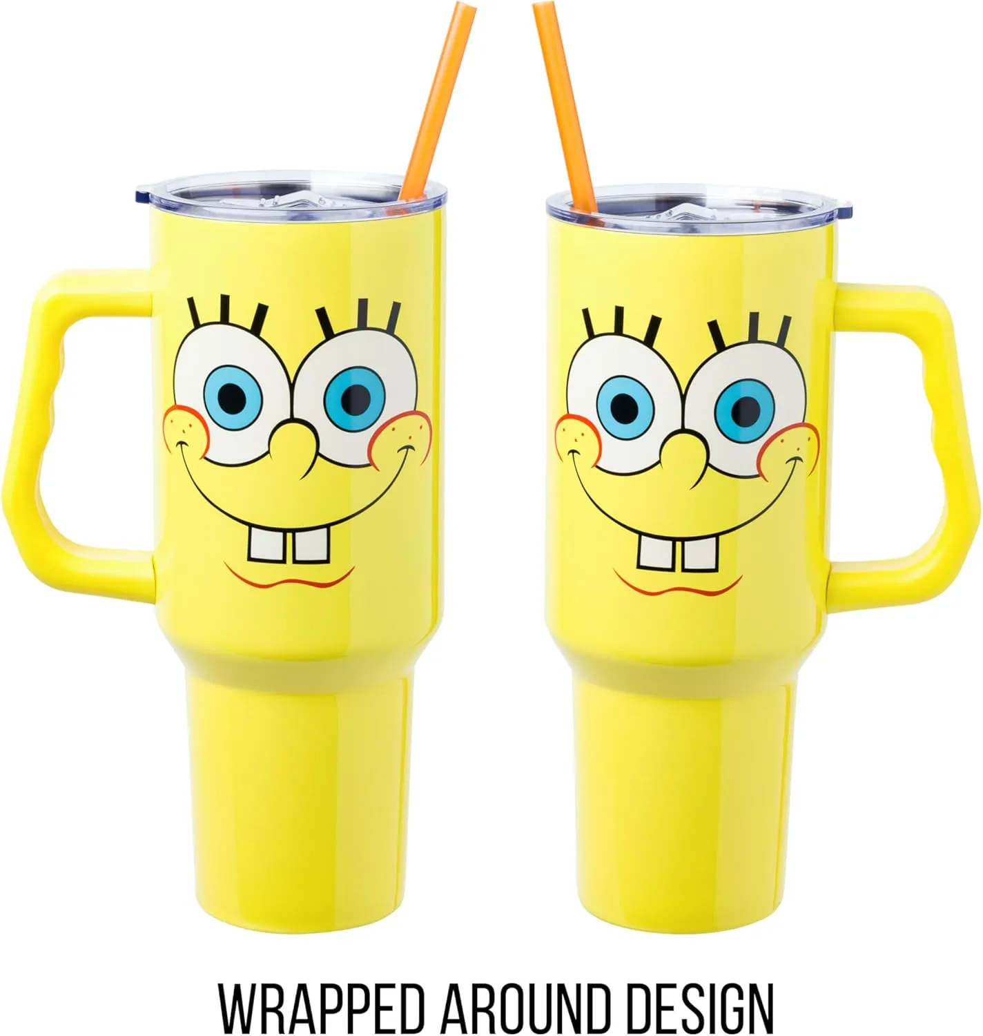 Silver Buffalo Spongebob Squarepants Smiling Face Stainless Steel Tumbler with Handle and Straw, Fits in Standard Cup Holder, 40 Ounces