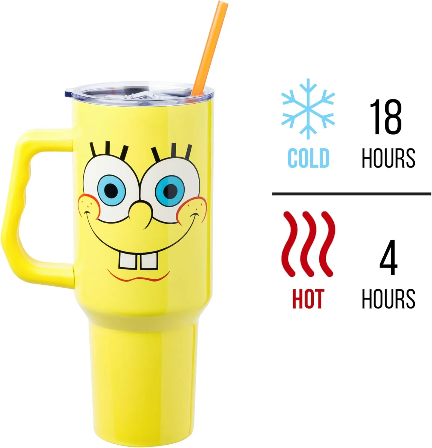 Silver Buffalo Spongebob Squarepants Smiling Face Stainless Steel Tumbler with Handle and Straw, Fits in Standard Cup Holder, 40 Ounces