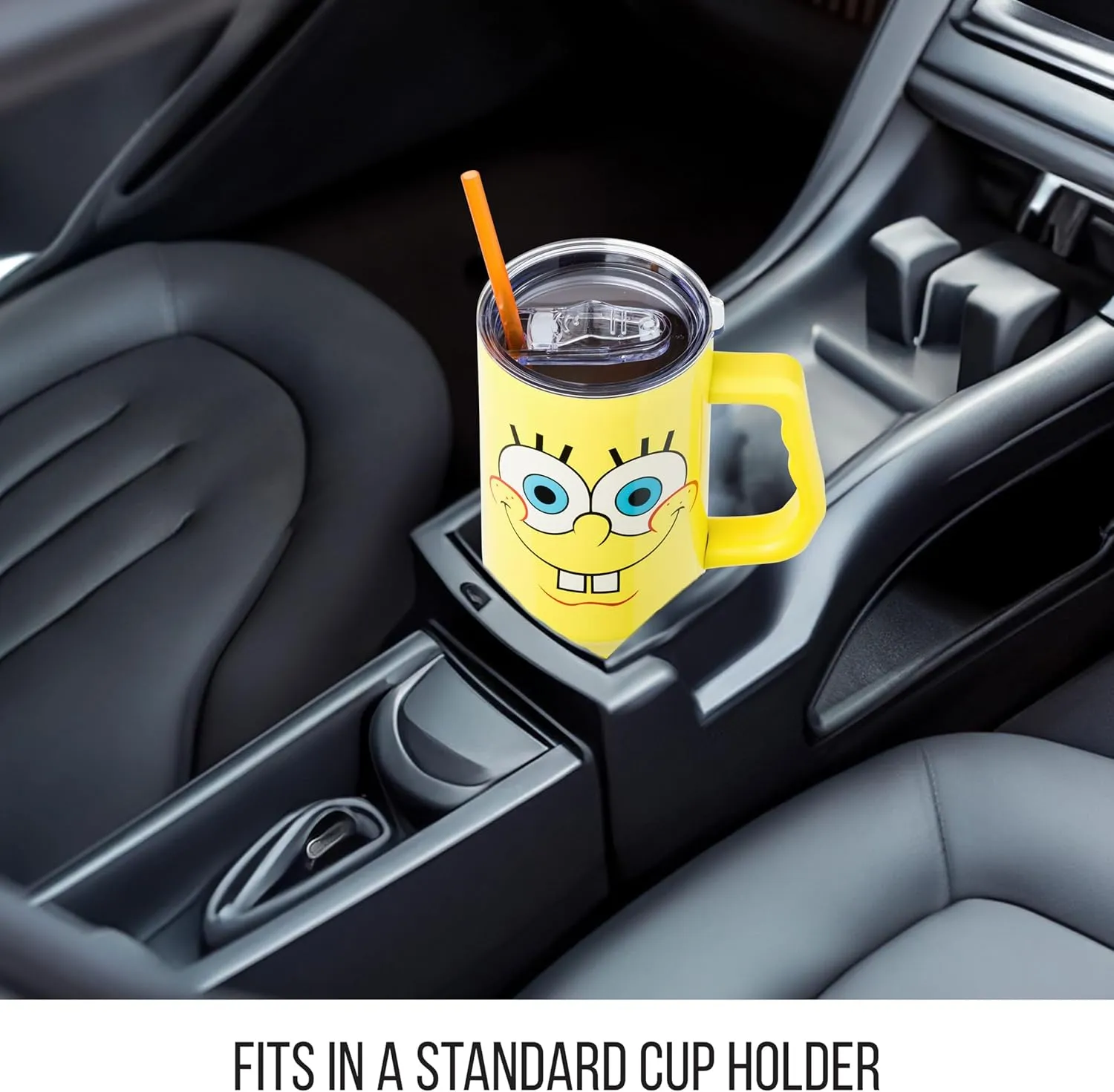 Silver Buffalo Spongebob Squarepants Smiling Face Stainless Steel Tumbler with Handle and Straw, Fits in Standard Cup Holder, 40 Ounces