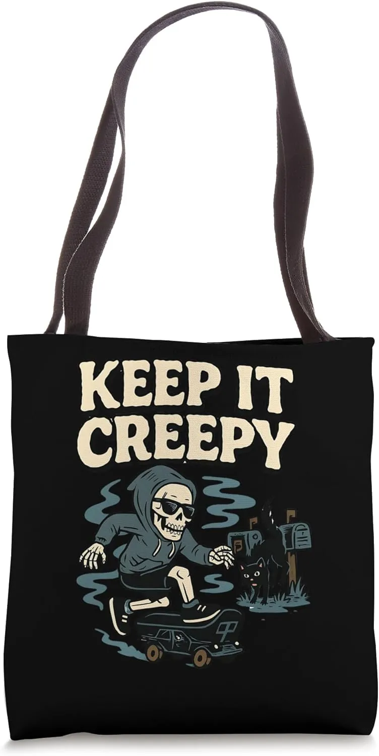Skater Skeleton and Cat Funny Spooky Graphic FunnyTee Tote Bag
