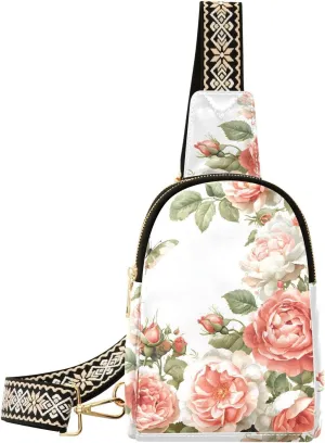 Sling Bag for Women Coral Flower Pink Butterfly Pattern Waterproof Leather Crossbody Bags Trendy Casual Pack Shoulder Strap Chest Bag for Travel Hiking