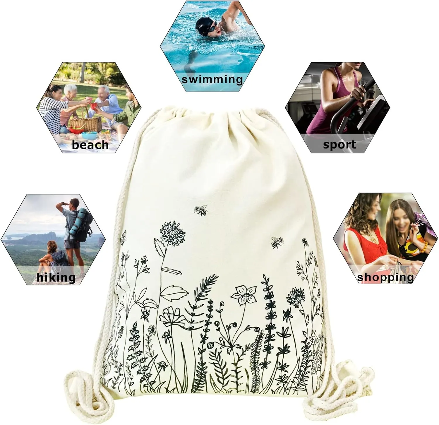 Small Flower Drawstring Backpack Cute Floral Drawstring Bag Wildflower Cotton Canvas Backpack for Women Girls Gift Sport Gym Drawstring Bag School String Bag Beach Sack Bag Travel Sackpack
