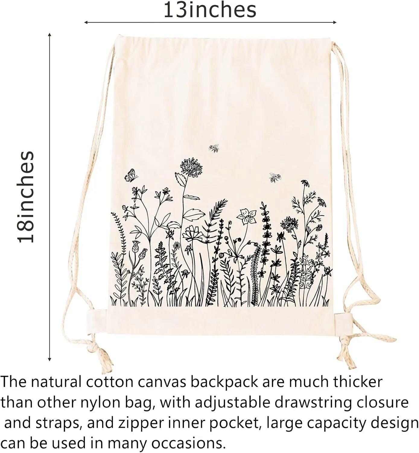 Small Flower Drawstring Backpack Cute Floral Drawstring Bag Wildflower Cotton Canvas Backpack for Women Girls Gift Sport Gym Drawstring Bag School String Bag Beach Sack Bag Travel Sackpack