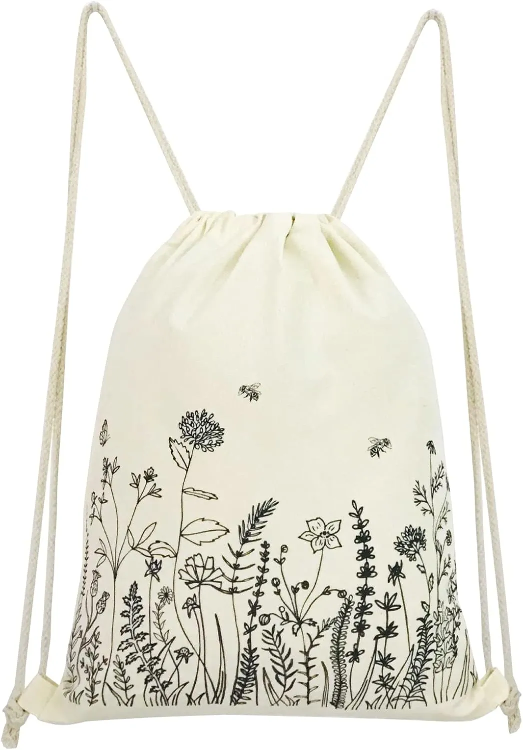Small Flower Drawstring Backpack Cute Floral Drawstring Bag Wildflower Cotton Canvas Backpack for Women Girls Gift Sport Gym Drawstring Bag School String Bag Beach Sack Bag Travel Sackpack