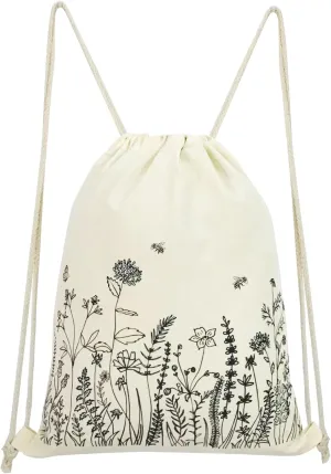 Small Flower Drawstring Backpack Cute Floral Drawstring Bag Wildflower Cotton Canvas Backpack for Women Girls Gift Sport Gym Drawstring Bag School String Bag Beach Sack Bag Travel Sackpack