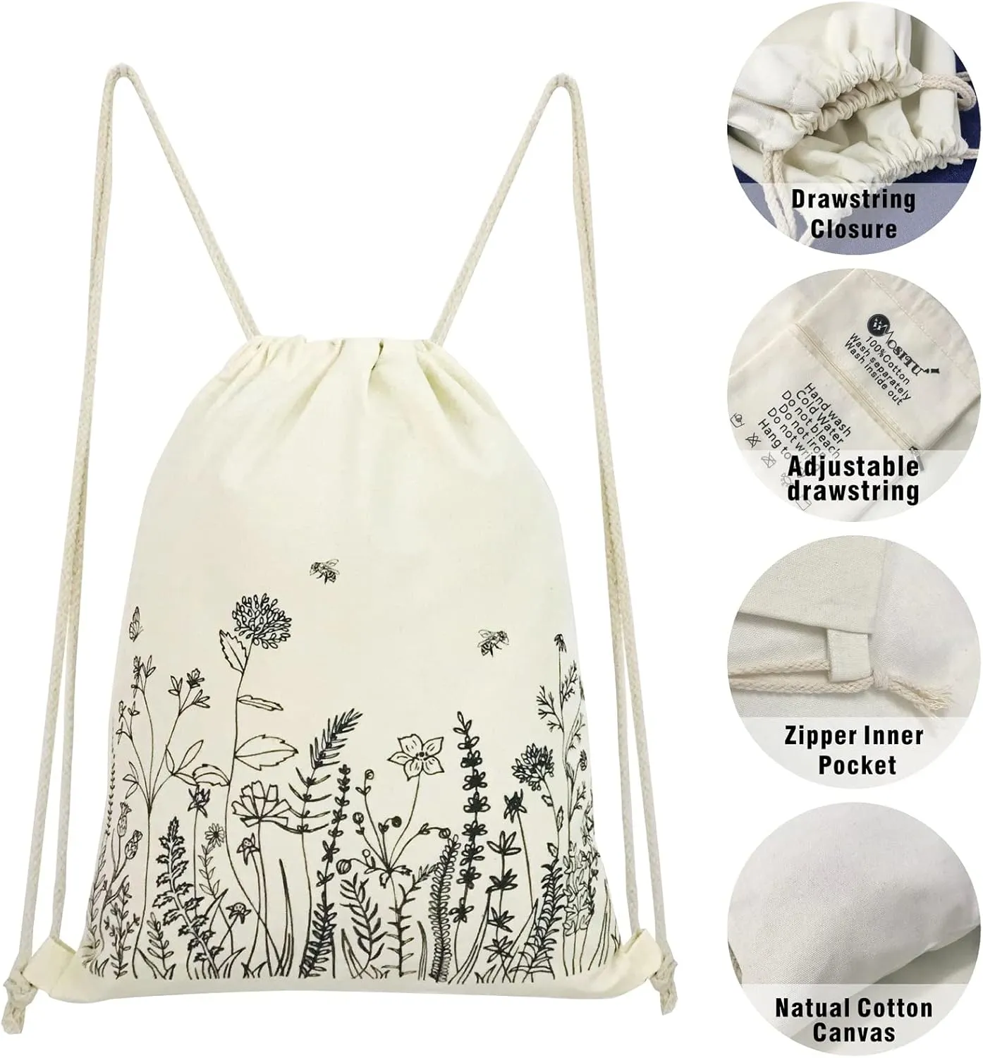 Small Flower Drawstring Backpack Cute Floral Drawstring Bag Wildflower Cotton Canvas Backpack for Women Girls Gift Sport Gym Drawstring Bag School String Bag Beach Sack Bag Travel Sackpack
