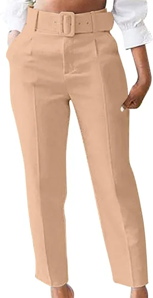 SMIDOW Womens Suit Pants Cargo Pants Straight Leg Wide Leg Pants with Matching Belt Formal Trousers Business Pants