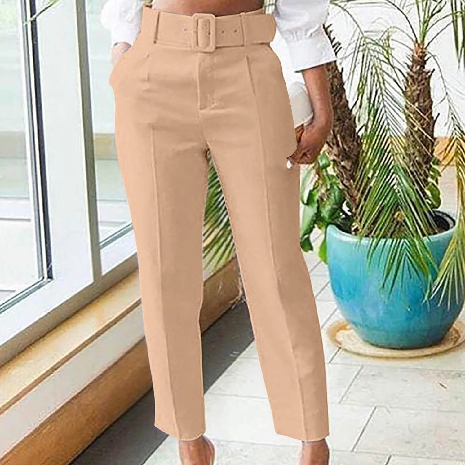 SMIDOW Womens Suit Pants Cargo Pants Straight Leg Wide Leg Pants with Matching Belt Formal Trousers Business Pants