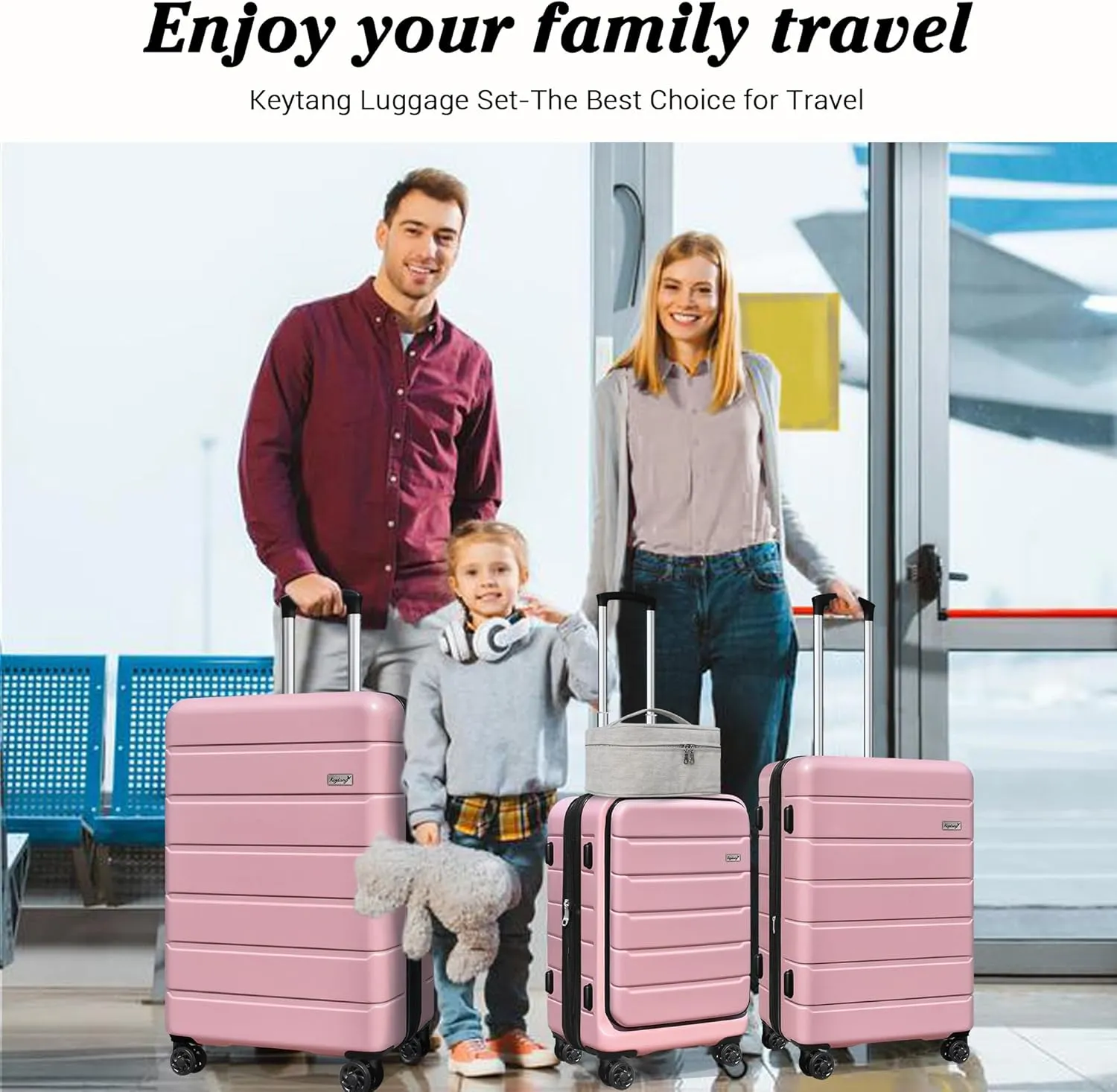 SmileLine 3-Piece Luggage Set Lightweight Hardside Suitcase TSA Lock Spinner Wheels, 20" Expandable Carry-On Luggage with Quick Access Front Open Pocket, Bonus Makeup Bag, 20/24/28 inch, Pink