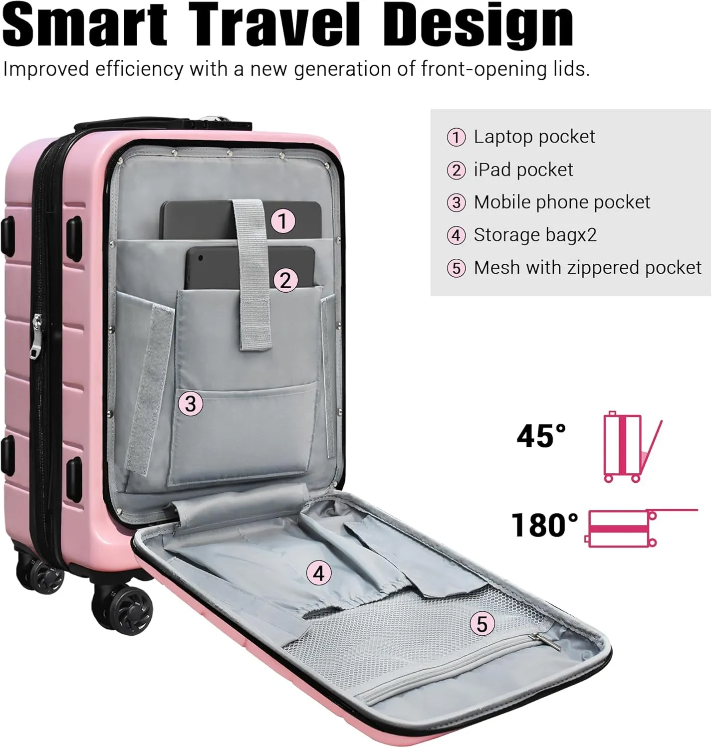 SmileLine 3-Piece Luggage Set Lightweight Hardside Suitcase TSA Lock Spinner Wheels, 20" Expandable Carry-On Luggage with Quick Access Front Open Pocket, Bonus Makeup Bag, 20/24/28 inch, Pink