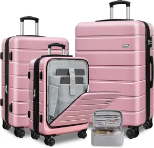 SmileLine 3-Piece Luggage Set Lightweight Hardside Suitcase TSA Lock Spinner Wheels, 20" Expandable Carry-On Luggage with Quick Access Front Open Pocket, Bonus Makeup Bag, 20/24/28 inch, Pink