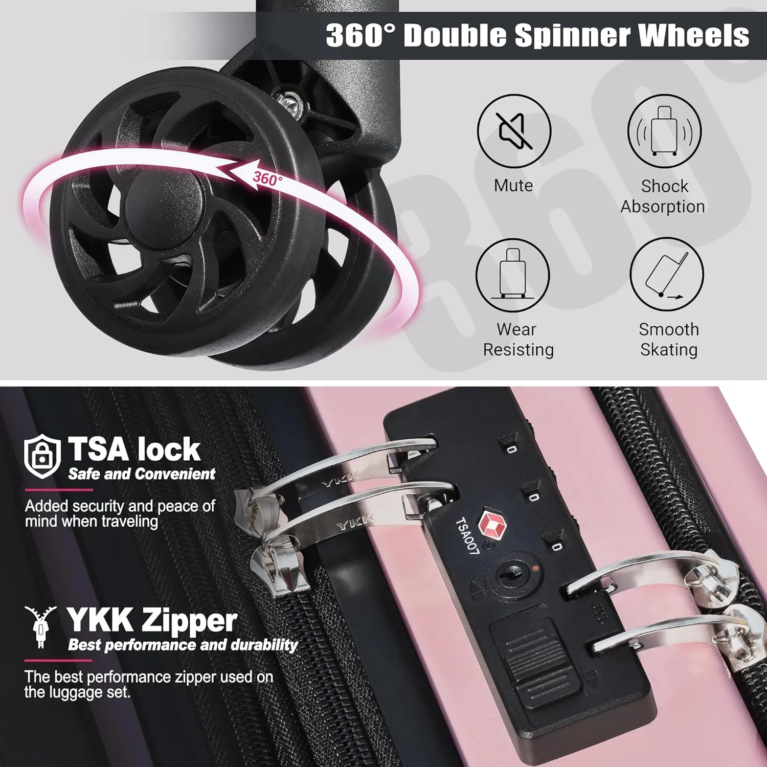 SmileLine 3-Piece Luggage Set Lightweight Hardside Suitcase TSA Lock Spinner Wheels, 20" Expandable Carry-On Luggage with Quick Access Front Open Pocket, Bonus Makeup Bag, 20/24/28 inch, Pink