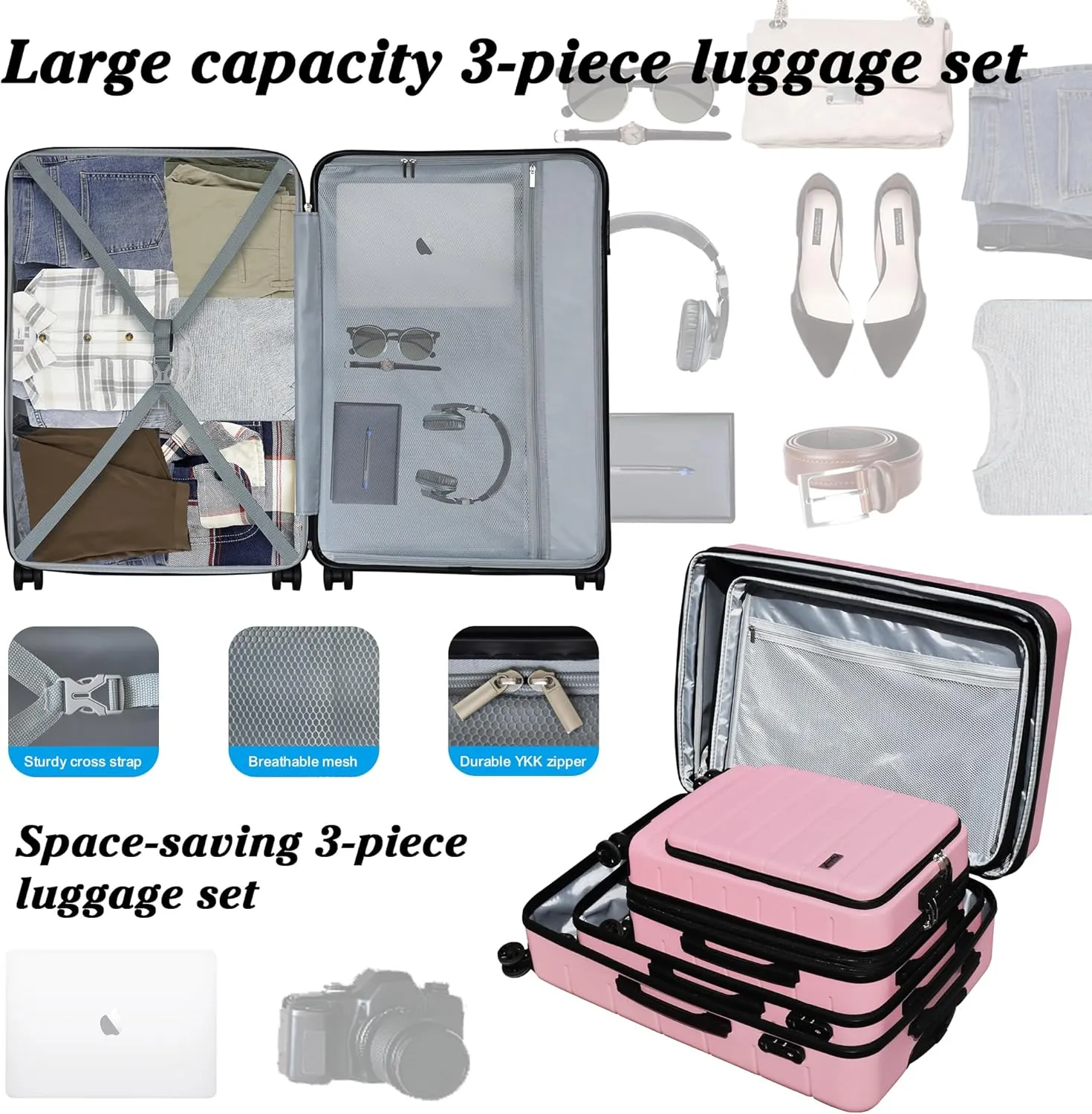 SmileLine 3-Piece Luggage Set Lightweight Hardside Suitcase TSA Lock Spinner Wheels, 20" Expandable Carry-On Luggage with Quick Access Front Open Pocket, Bonus Makeup Bag, 20/24/28 inch, Pink