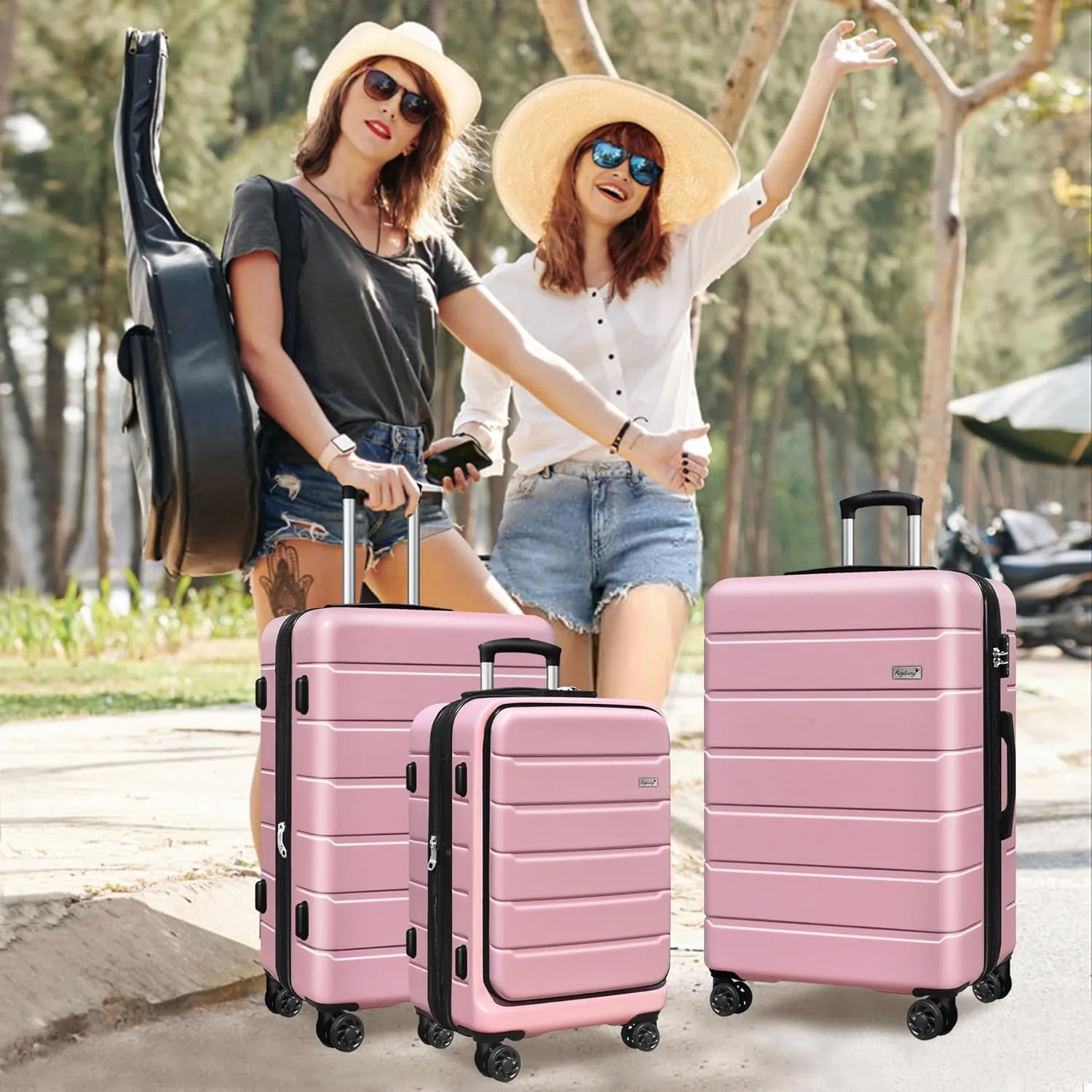 SmileLine 3-Piece Luggage Set Lightweight Hardside Suitcase TSA Lock Spinner Wheels, 20" Expandable Carry-On Luggage with Quick Access Front Open Pocket, Bonus Makeup Bag, 20/24/28 inch, Pink
