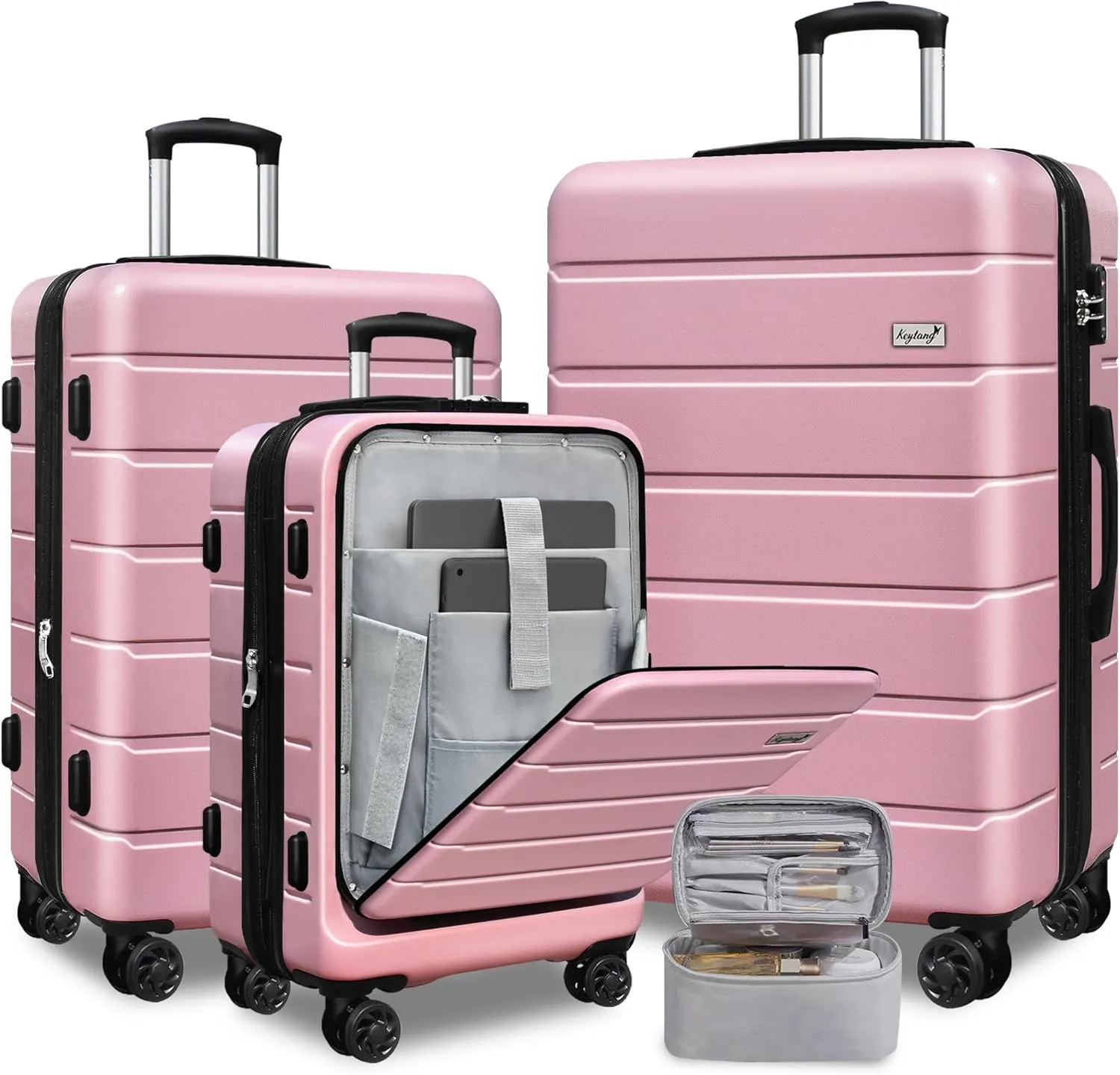 SmileLine 3-Piece Luggage Set Lightweight Hardside Suitcase TSA Lock Spinner Wheels, 20" Expandable Carry-On Luggage with Quick Access Front Open Pocket, Bonus Makeup Bag, 20/24/28 inch, Pink