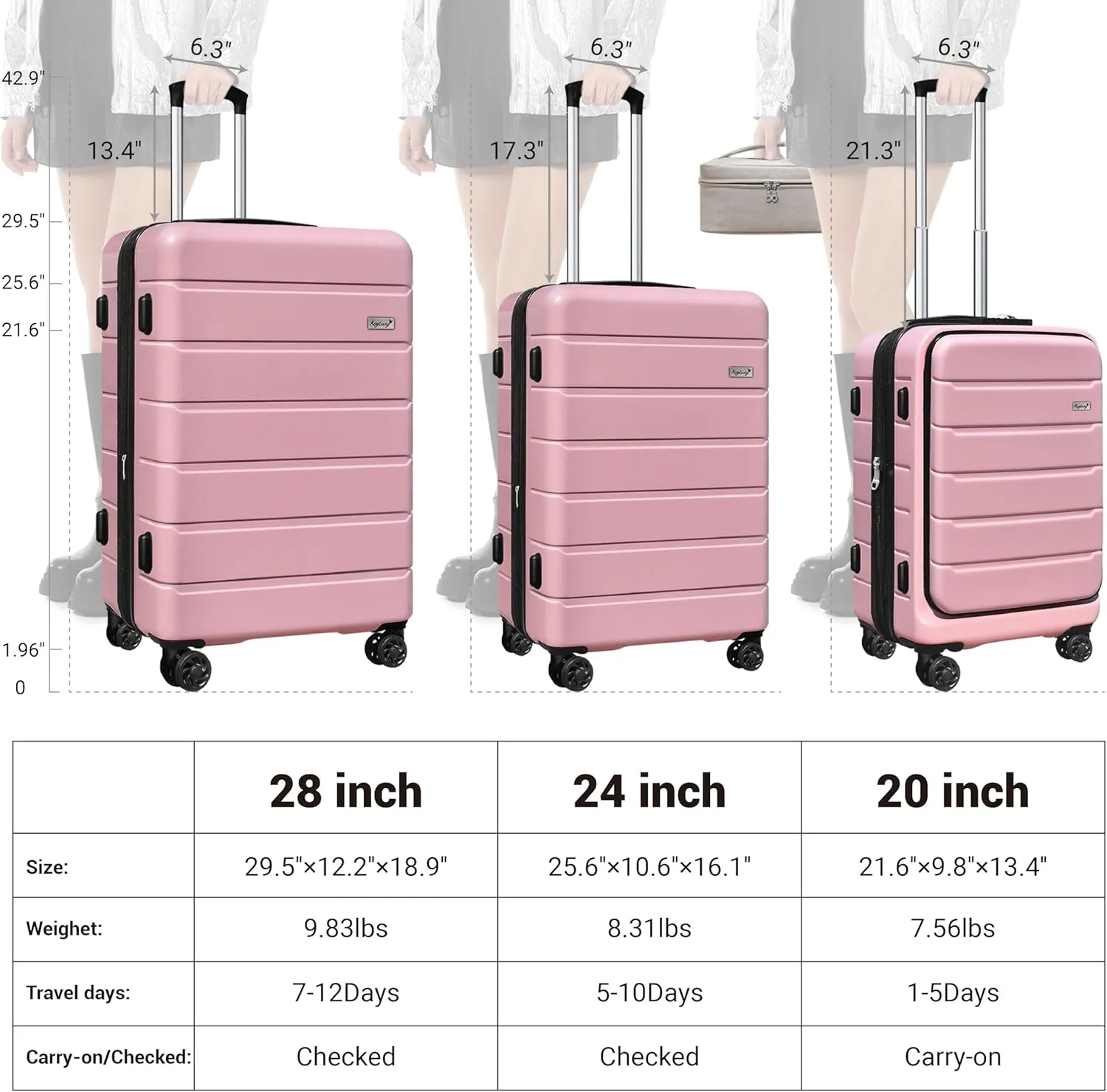 SmileLine 3-Piece Luggage Set Lightweight Hardside Suitcase TSA Lock Spinner Wheels, 20" Expandable Carry-On Luggage with Quick Access Front Open Pocket, Bonus Makeup Bag, 20/24/28 inch, Pink