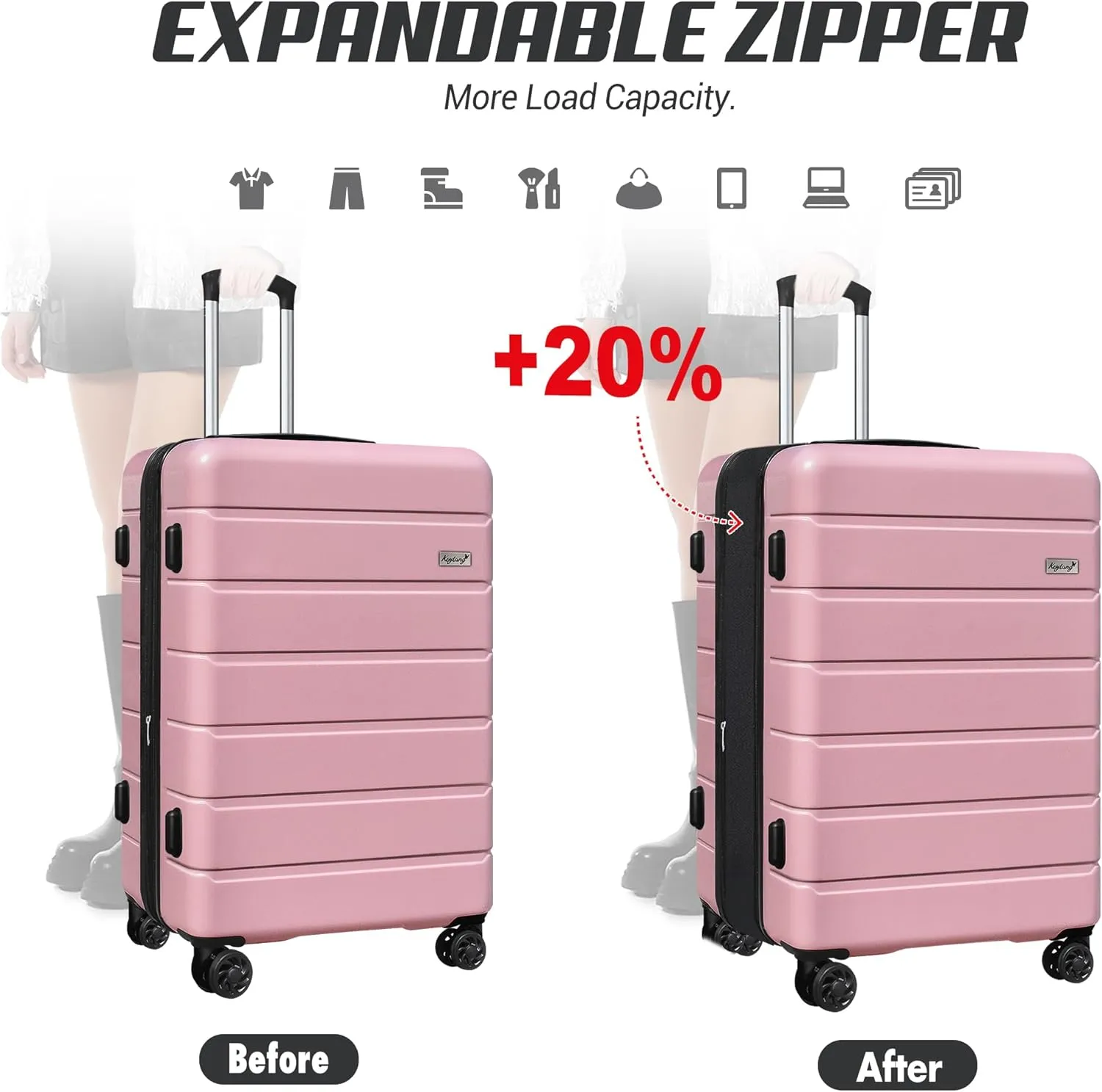 SmileLine 3-Piece Luggage Set Lightweight Hardside Suitcase TSA Lock Spinner Wheels, 20" Expandable Carry-On Luggage with Quick Access Front Open Pocket, Bonus Makeup Bag, 20/24/28 inch, Pink