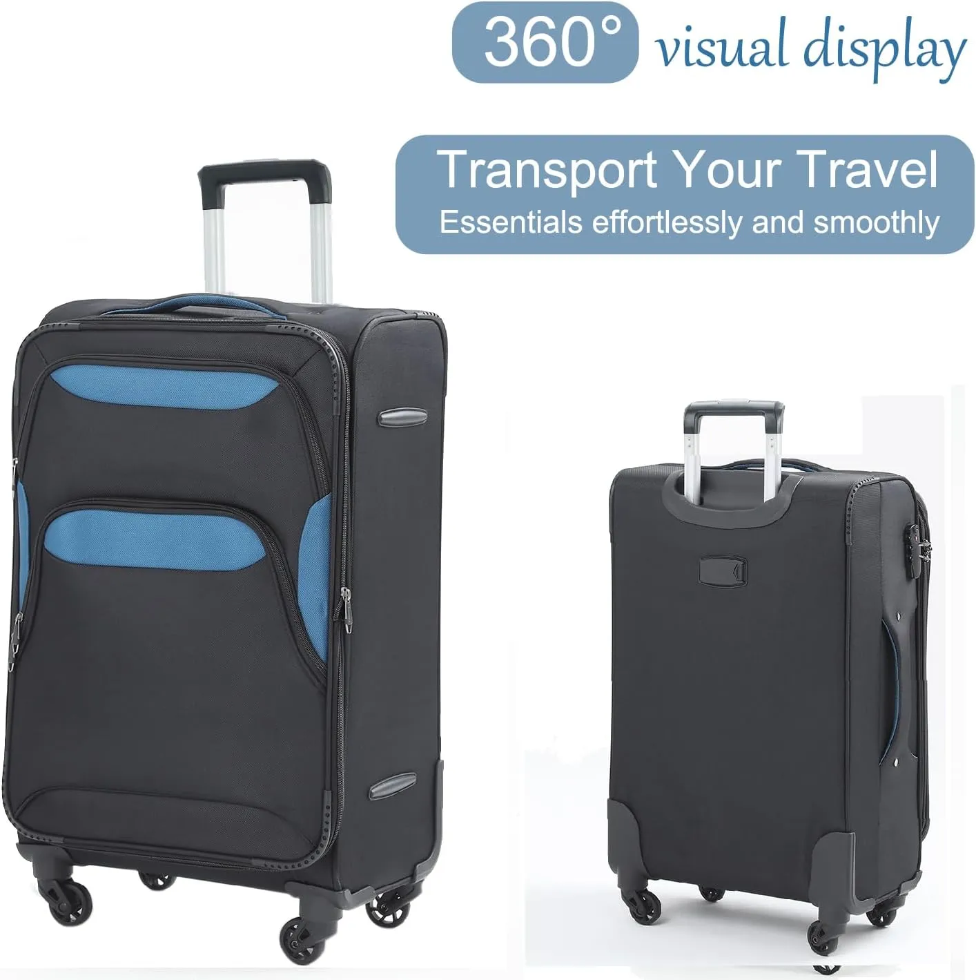 Softside Luggage Sets With Spinner Wheels 3pcs 20inch, 24inch, 28inch Luggage set Lightweight Suitcase Set With TSA Lock, Expandable Luggage sets With Wet pocket (Black Blue)