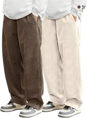 SOLY HUX Men's 2 Piece Corduroy Pants Drawstring Elastic Waist Straight Leg Baggy Pants with Pockets