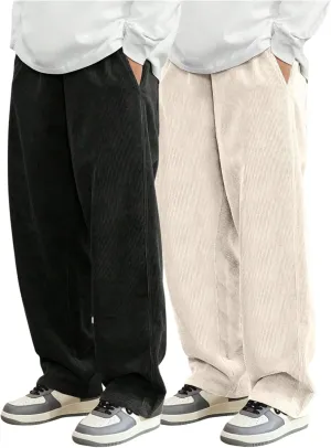 SOLY HUX Men's 2 Piece Corduroy Pants Drawstring Elastic Waist Straight Leg Baggy Pants with Pockets