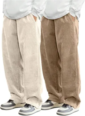 SOLY HUX Men's 2 Piece Corduroy Pants Drawstring Elastic Waist Straight Leg Baggy Pants with Pockets
