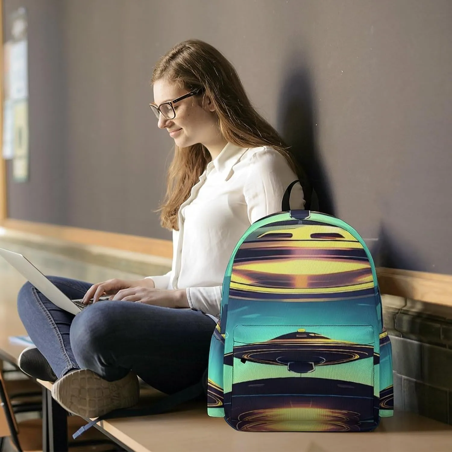 Spacecraft Descend Print Laptop Backpacks Casual Shoulder Bag Travel Daypack Fashion for Men Women