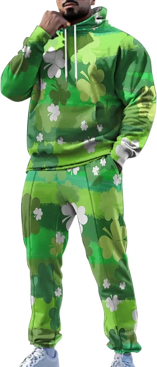 St Patrick's Day Sweatsuit Set for Mens Green Four Leaf Clover Long Sleeve Hoodies Trousers Casual Festival Outfits
