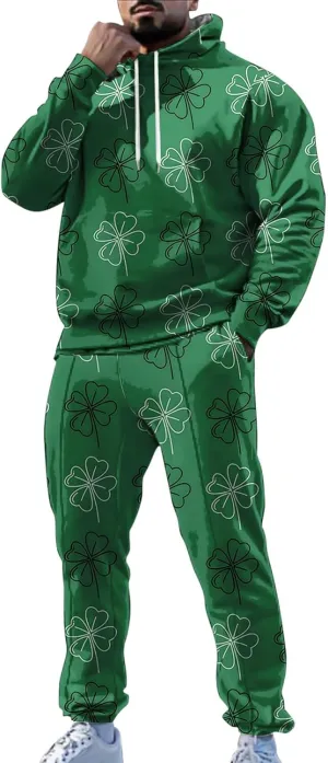 St Patrick's Day Sweatsuit Set for Mens Green Four Leaf Clover Long Sleeve Hoodies Trousers Casual Festival Outfits