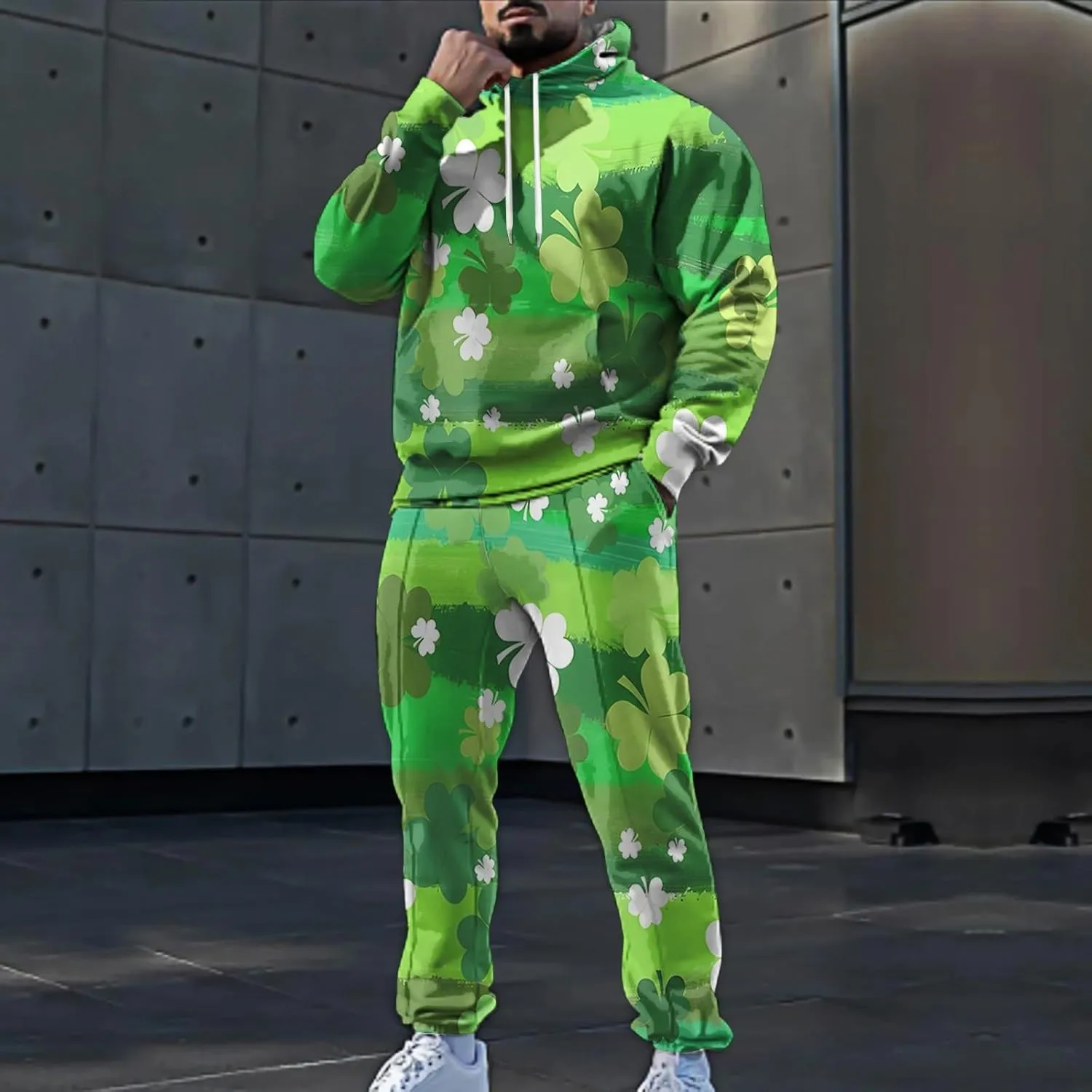 St Patrick's Day Sweatsuit Set for Mens Green Four Leaf Clover Long Sleeve Hoodies Trousers Casual Festival Outfits
