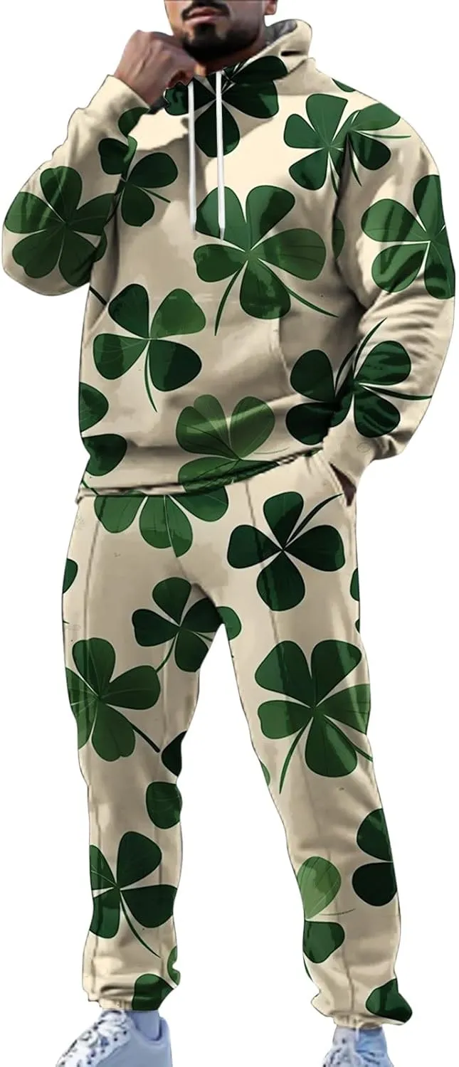 St Patrick's Day Sweatsuit Set for Mens Green Four Leaf Clover Long Sleeve Hoodies Trousers Casual Festival Outfits