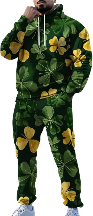 St Patrick's Day Sweatsuit Set for Mens Green Four Leaf Clover Long Sleeve Hoodies Trousers Casual Festival Outfits
