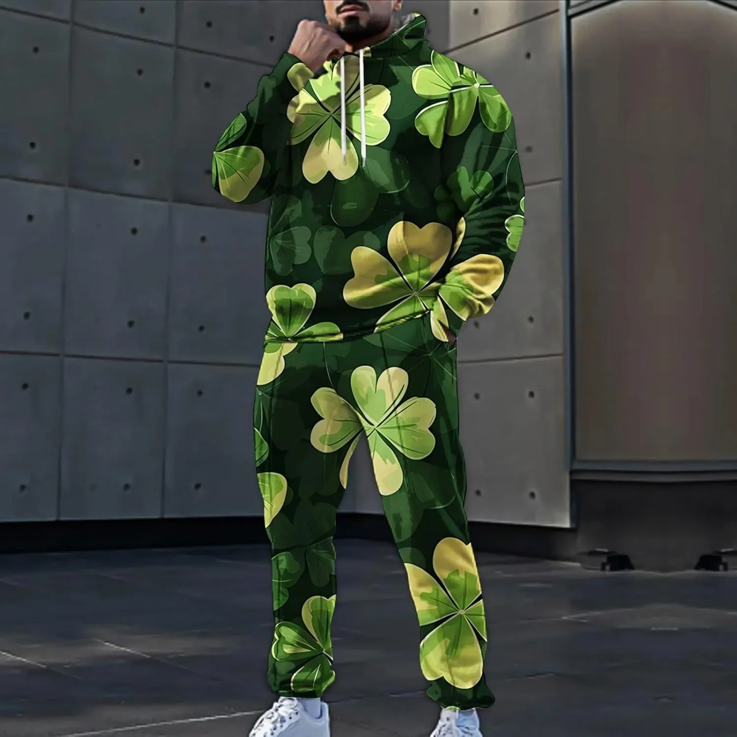 St Patrick's Day Sweatsuit Set for Mens Green Four Leaf Clover Long Sleeve Hoodies Trousers Casual Festival Outfits